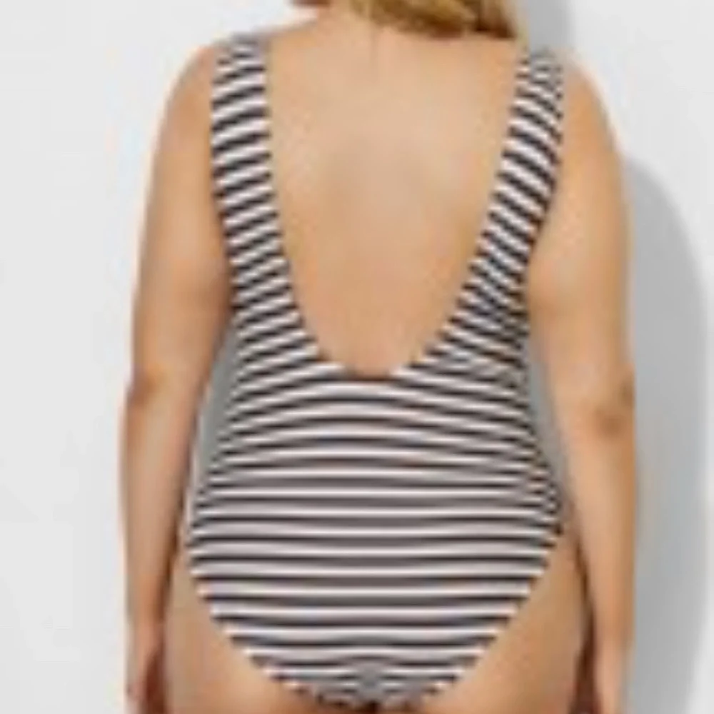 MEET CURVE Brown & White Sexy Stripe Backless One Piece Swimsuit 3 XL NEW - Picture 3 of 7